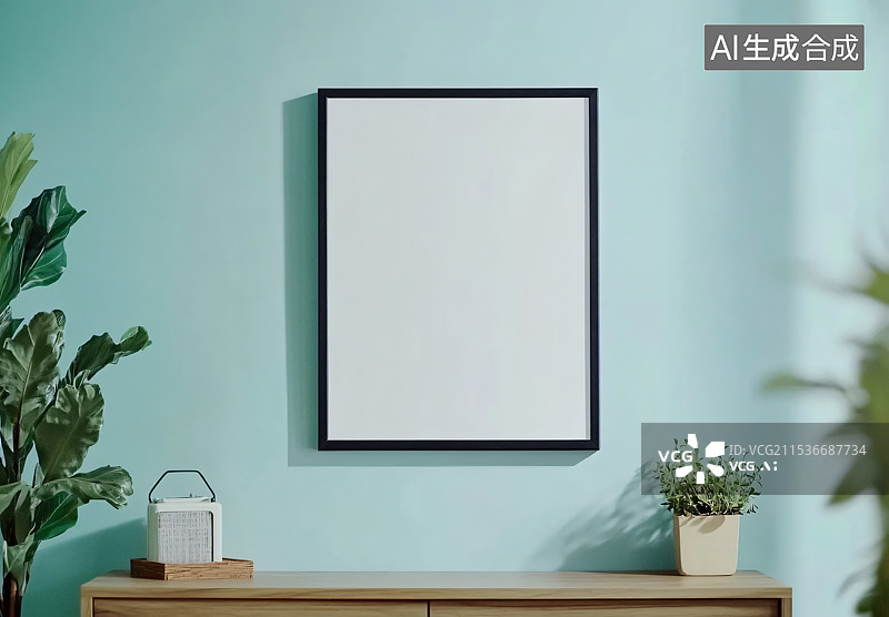 【AI数字艺术】极简风格客厅搭配装饰画，留白背景，完美融入现代室内设计和时尚家居装饰。图片素材