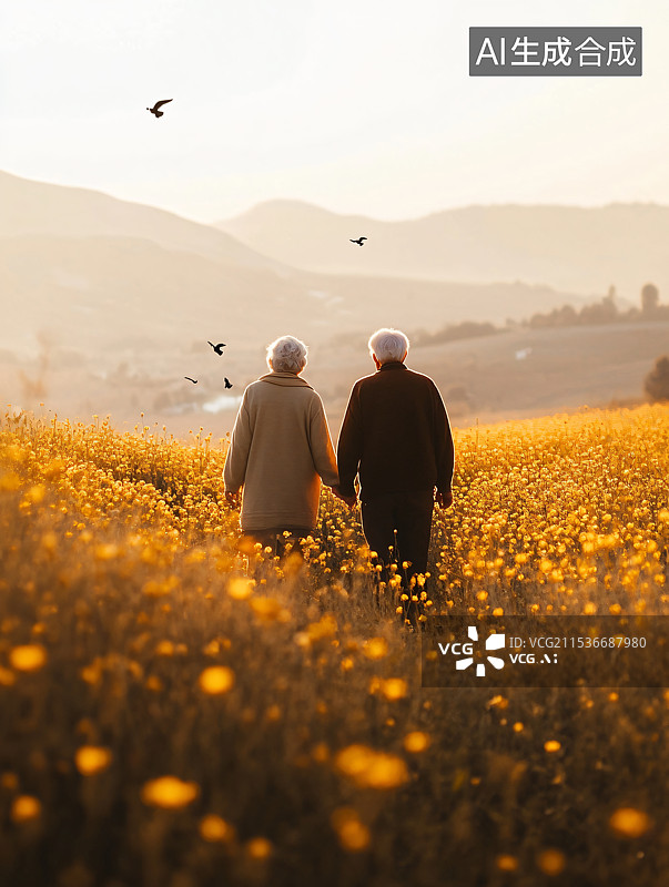 【AI数字艺术】一对老年情侣在重阳节期间，牵手在户外旅行，庆祝他们晚年生活中的爱情与陪伴。图片素材