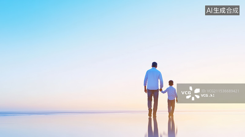 【AI数字艺术】父子在日落时分的海滩上散步图片素材