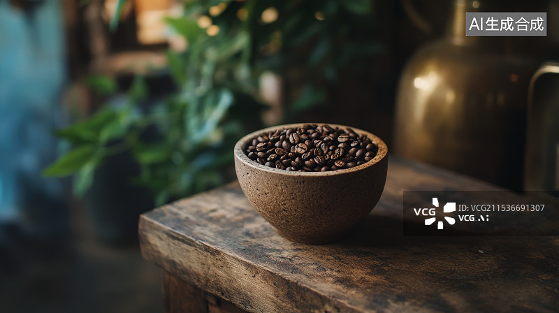 【AI数字艺术】桌上碗里的咖啡豆特写图片素材