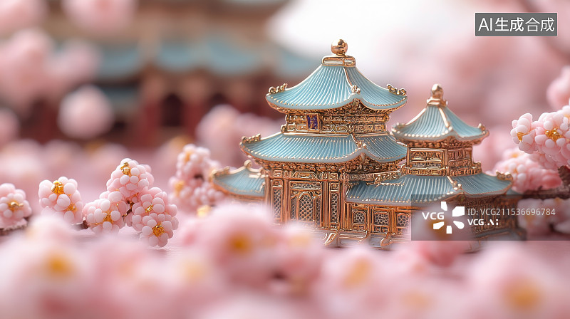 【AI数字艺术】春天樱花盛开下的古建筑图标特写图片素材