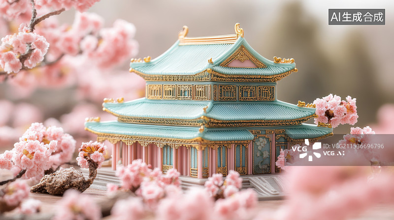 【AI数字艺术】春天樱花盛开下的古建筑图标特写图片素材
