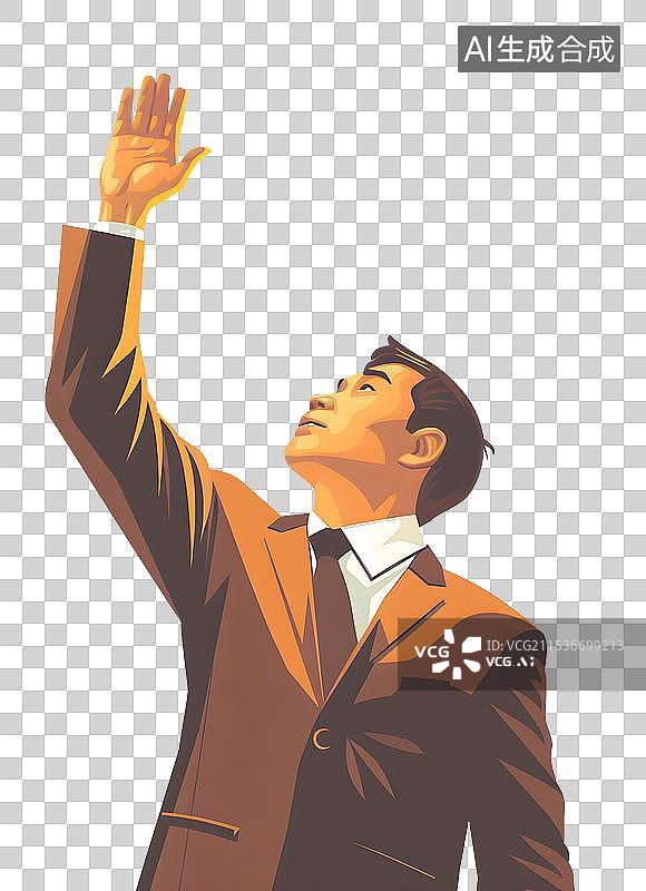 【AI数字艺术】穿着西装的商务男士，抬手向天空招手，商务中心，高楼大厦背景插图插画图片素材
