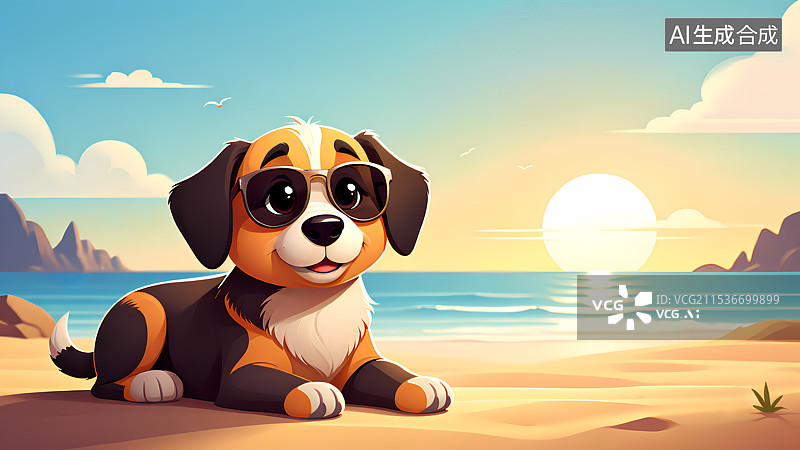 【AI数字艺术】在沙滩上戴着墨镜的狗壁纸插画图片素材