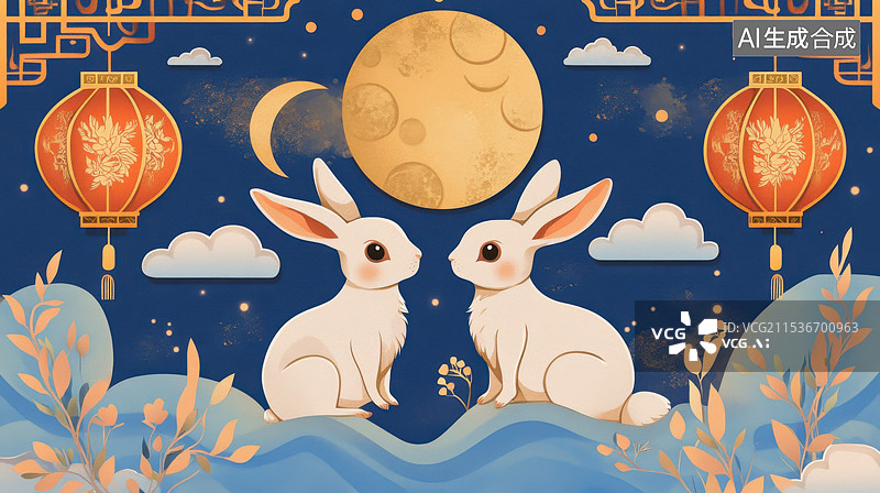 【AI数字艺术】中秋节月兔满月插画图片素材