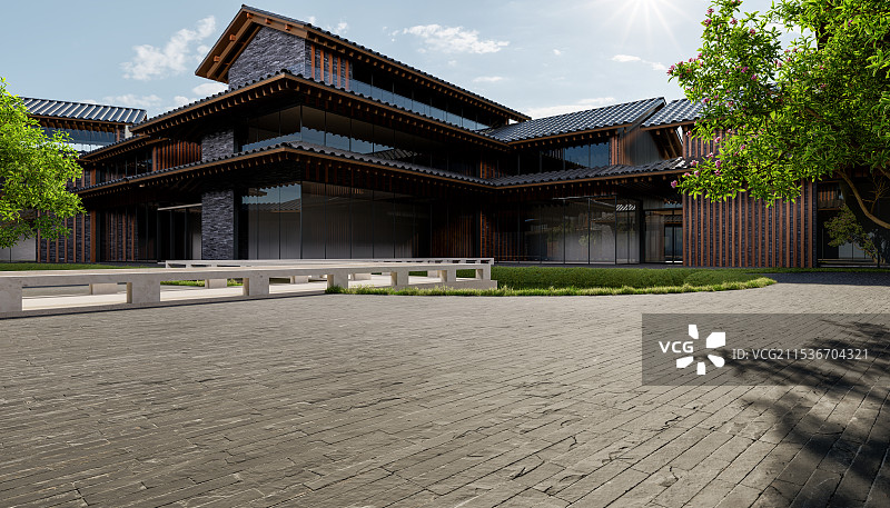 中式_古典建筑_别墅_青砖路面图片素材