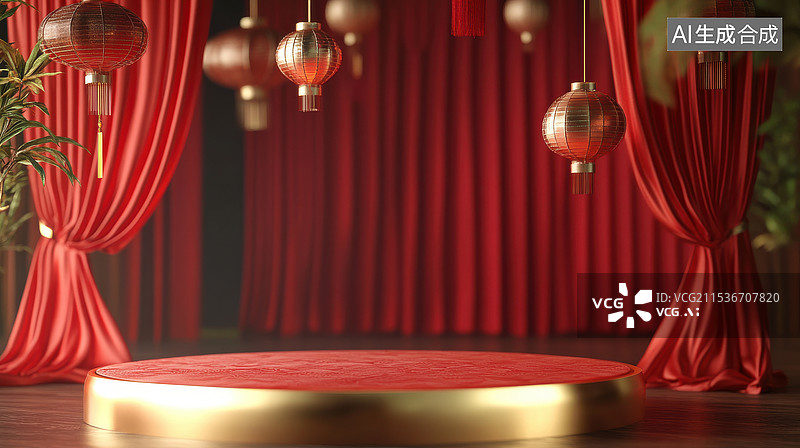 【AI数字艺术】新年背景产品展台，红色金色喜庆节日促销图片素材