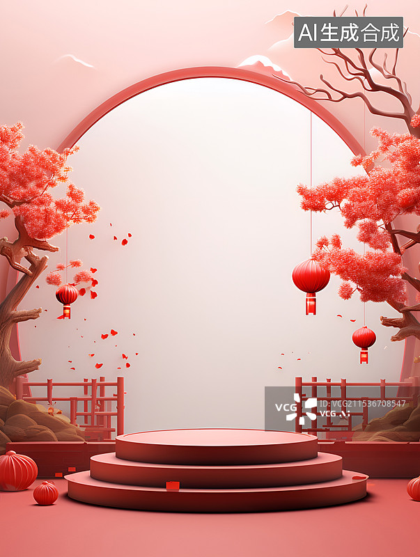 【AI数字艺术】竖幅中国风室内展台设计图片素材