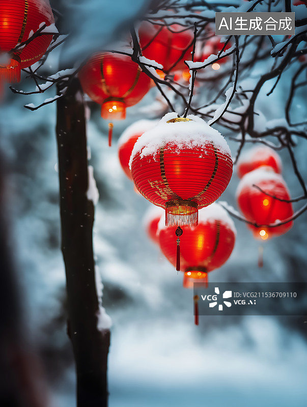 【AI数字艺术】冬季春节雪天红灯笼特写图片素材