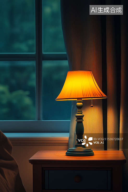 【AI数字艺术】床头柜上的台灯图片素材