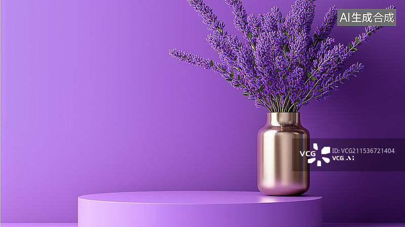 【AI数字艺术】紫色薰衣草花瓶产品展示背景图片素材