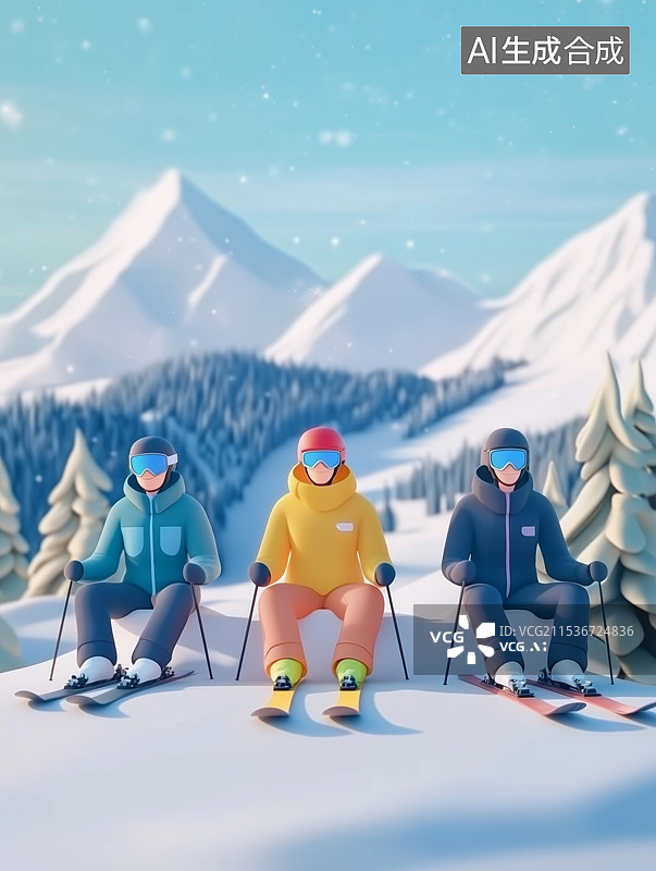 【AI数字艺术】3d卡通冬季滑雪双板滑雪插画图片素材