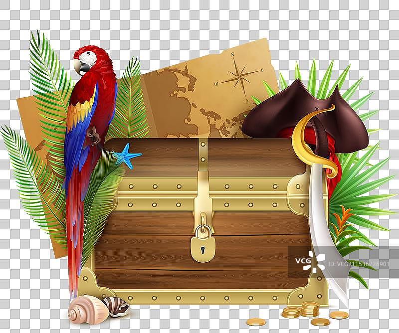 老旧的木制海盗箱逼真的构图图片素材