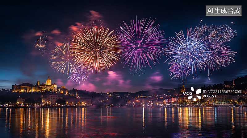【AI数字艺术】新年城市夜晚中的烟花表演图片素材