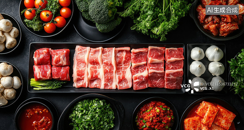 【AI数字艺术】火锅 烤肉 食材小料调料原材料俯瞰图片素材