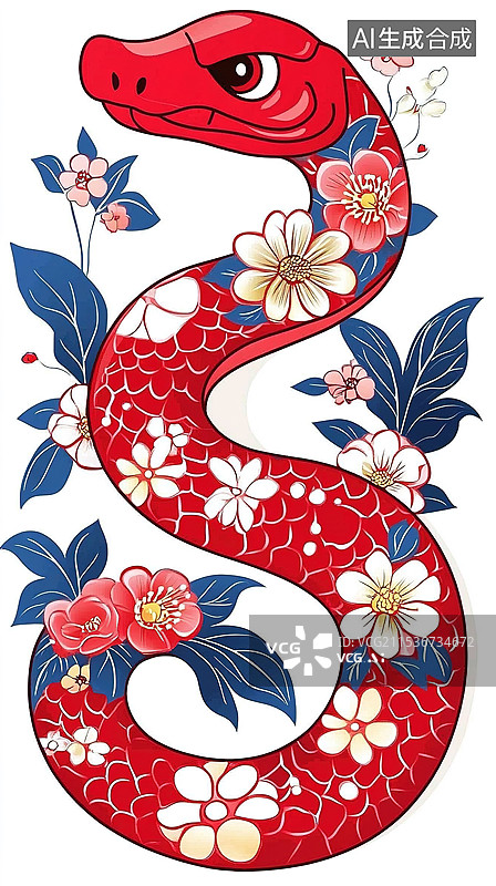 【AI数字艺术】2026年蛇年的创意几何风格的可爱蛇形印花为特色蛇花卉插画蓝色金色白色背景新年促销庆祝节日生肖动物图片素材