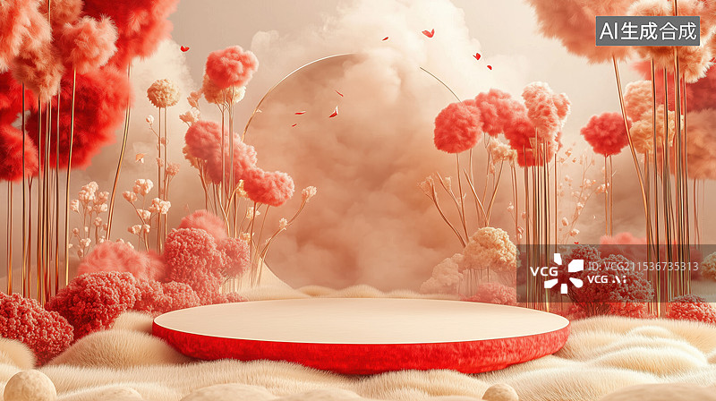 【AI数字艺术】国风大红色羊毛毡毛绒柔软植物展台3D插画图片素材
