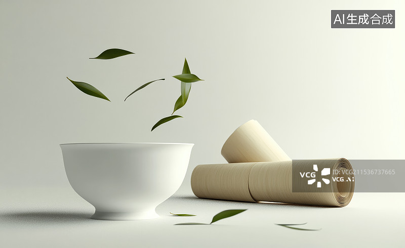【AI数字艺术】绿色的茶叶和茶杯展示海报图片素材