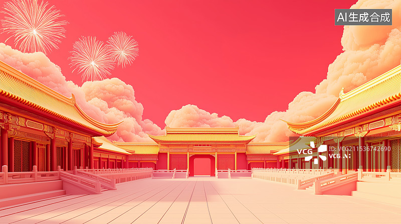 【AI数字艺术】3D春节红色古代建筑和地面广场图片素材