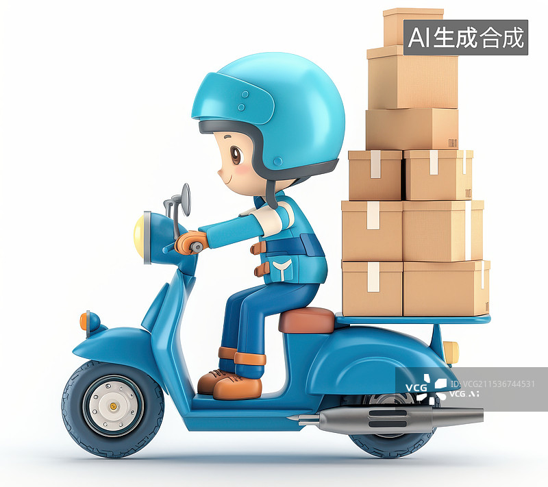 【AI数字艺术】白色背景下卡通人物快递员骑摩托车电瓶车运输运送派送物流快递纸箱3D渲染素材图片素材