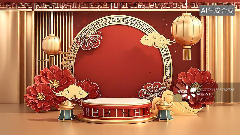 【AI数字艺术】3D立体金红色调国风元素电商类背景新年春节蛇年图片素材