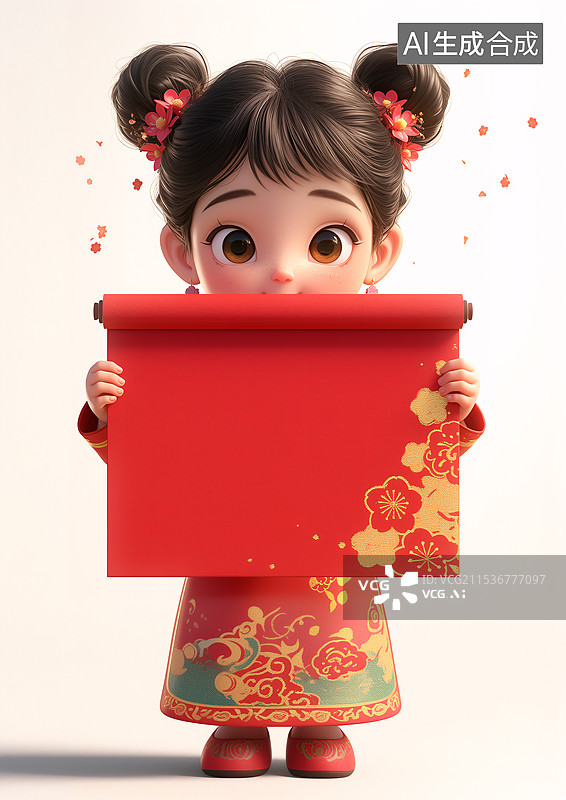 【AI数字艺术】3D拿着红卷轴的可爱卡通孩子图片素材