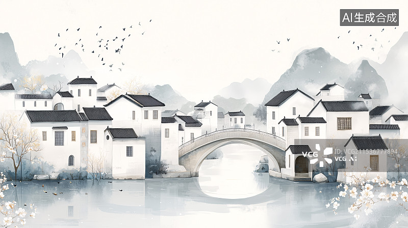 【AI数字艺术】手绘黑白江南水乡图片素材