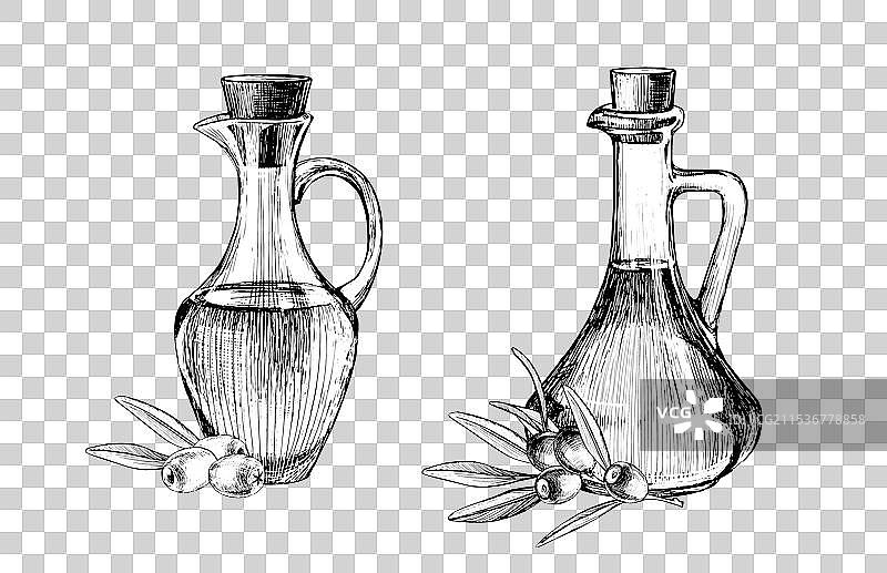 带有浆果的橄榄油壶复古雕刻图片素材