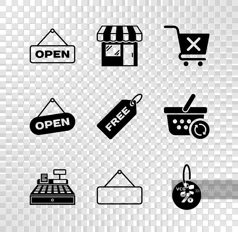 悬挂“开放”标志的市场商店门口图片素材