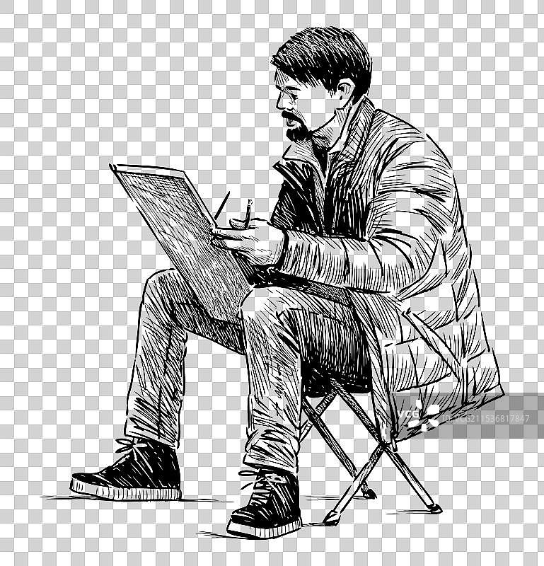 户外坐着的艺术家手绘图图片素材
