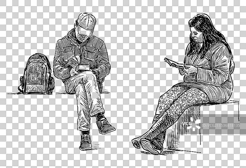 年轻人坐着阅读的素描图片素材