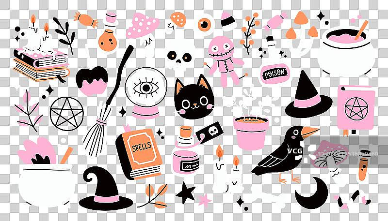 时尚万圣节元素套装：女巫、魔法和猫咪图片素材
