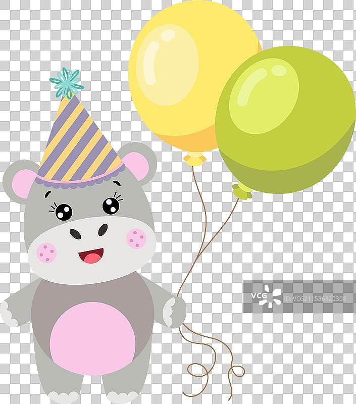 可爱的小河马手持气球，祝你生日快乐图片素材