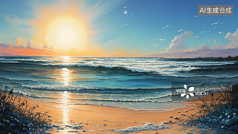 【AI数字艺术】阳光沙滩海浪，热带海滩度假风情图片素材
