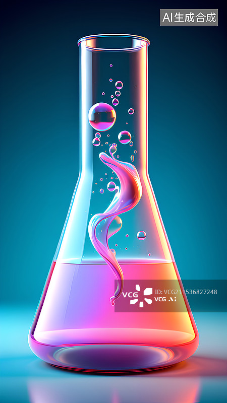 【AI数字艺术】蓝色背景下试管中液体的特写镜头图片素材