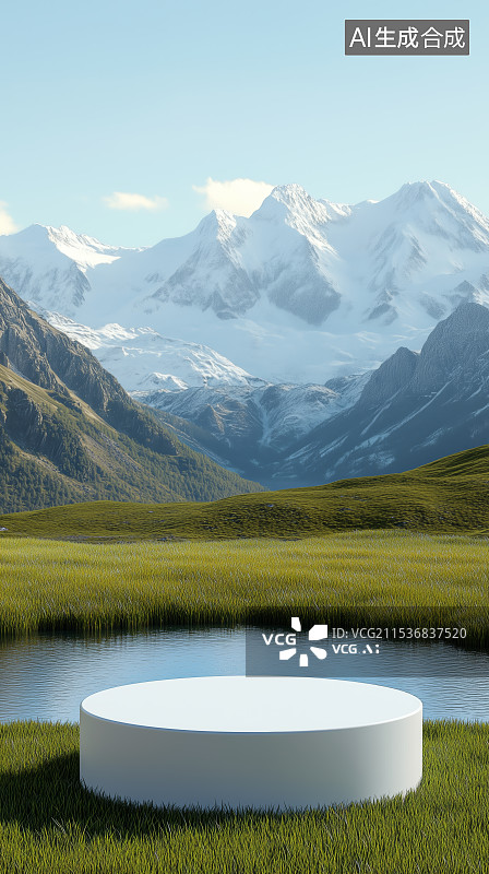 【AI数字艺术】雪皑皑的群山下的湖景展台场景图片素材
