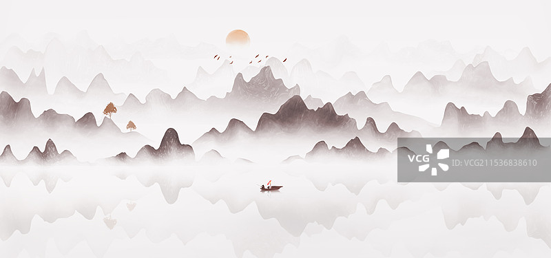 中国风蓝色意境山水画图片素材