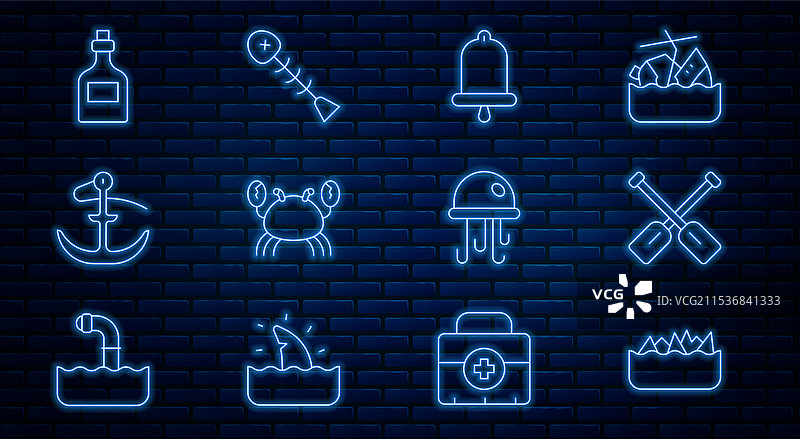 设置线条锋利的石头礁石，桨船，铃铛，螃蟹图片素材