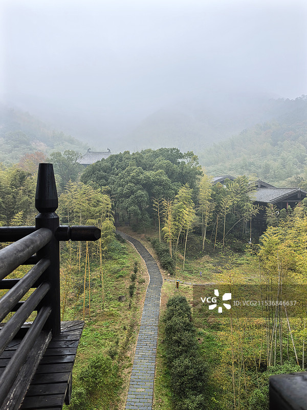 在陆羽阁上俯瞰雨雾中的湖州长兴大唐贡茶院图片素材