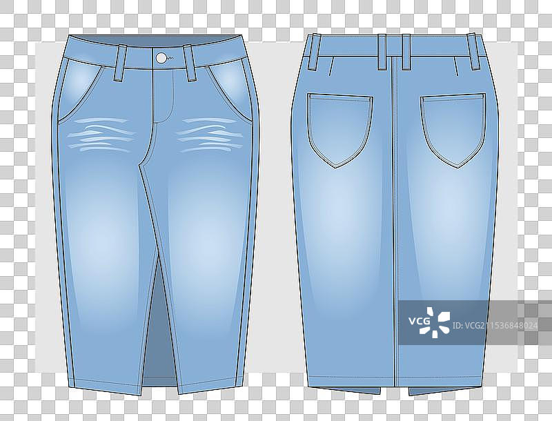 蓝色牛仔中长裙，前开叉设计图片素材