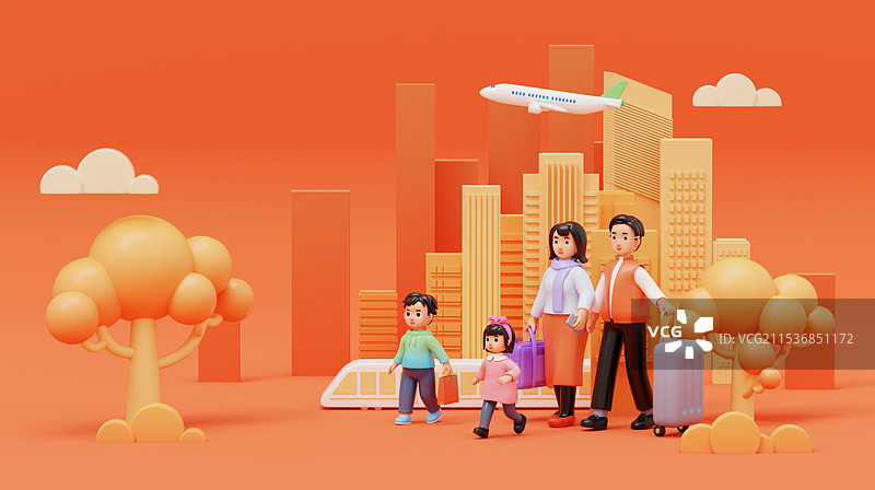 一家人行李列车建筑树木飞机回家春运三维图图片素材
