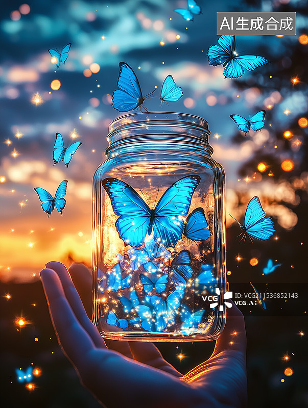 【AI数字艺术】蓝蝶飞舞落瓶中图片素材