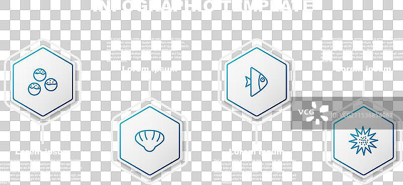 章鱼烧、扇贝、海贝、鱼和海洋的组合图片素材