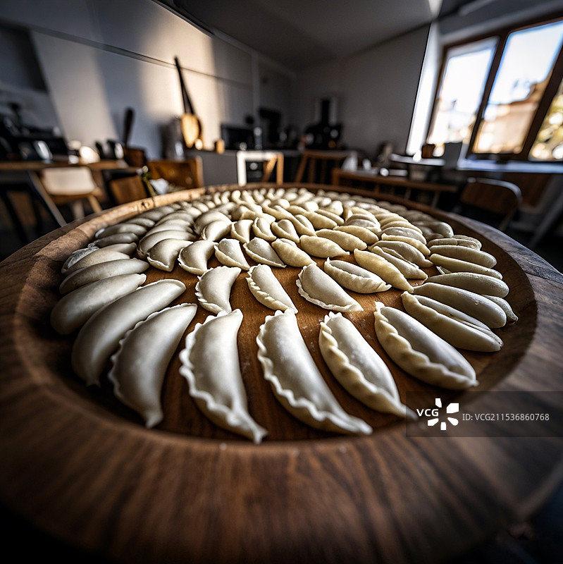 一个厨房里，木制表面上排列着未煮的饺子图片素材
