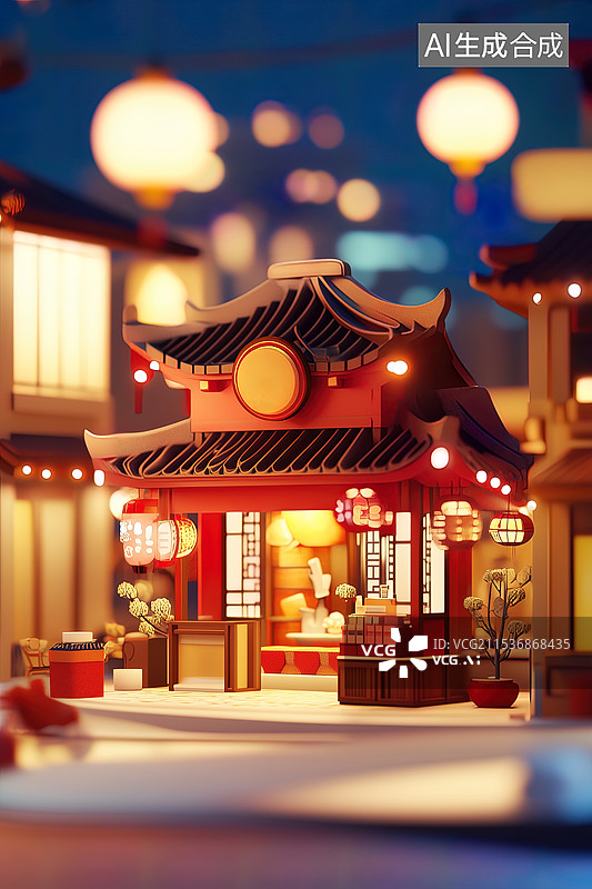 【AI数字艺术】中式店铺夜景背景图片素材