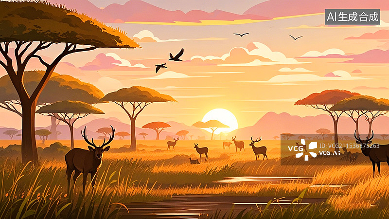 【AI数字艺术】夕阳下的非洲大草原矢量插画图片素材