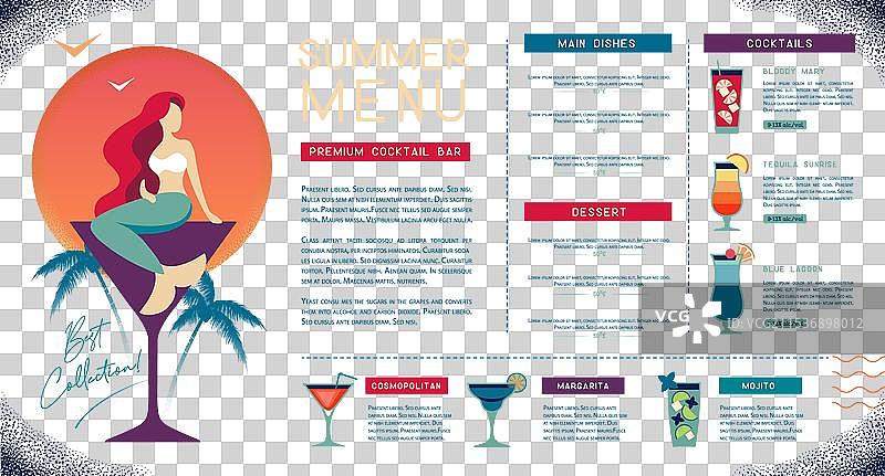 夏季鸡尾酒菜单设计，玻璃杯中的美人鱼图片素材