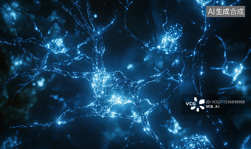 【AI数字艺术】大脑中的神经元传递信号，多巴胺和内啡肽是调节情绪和神经传递的关键成分。神经活动的特写图。图片素材