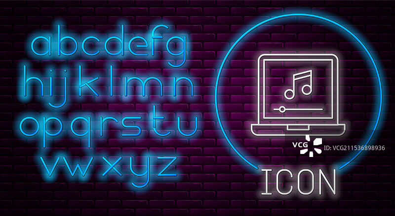 发光的霓虹线条笔记本电脑与音乐符号图片素材