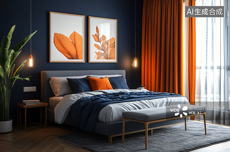 【AI数字艺术】时尚卧室设计，采用深蓝色和橙色的色彩搭配，展示样板间的床，体现现代生活方式与当代室内装修趋势。图片素材
